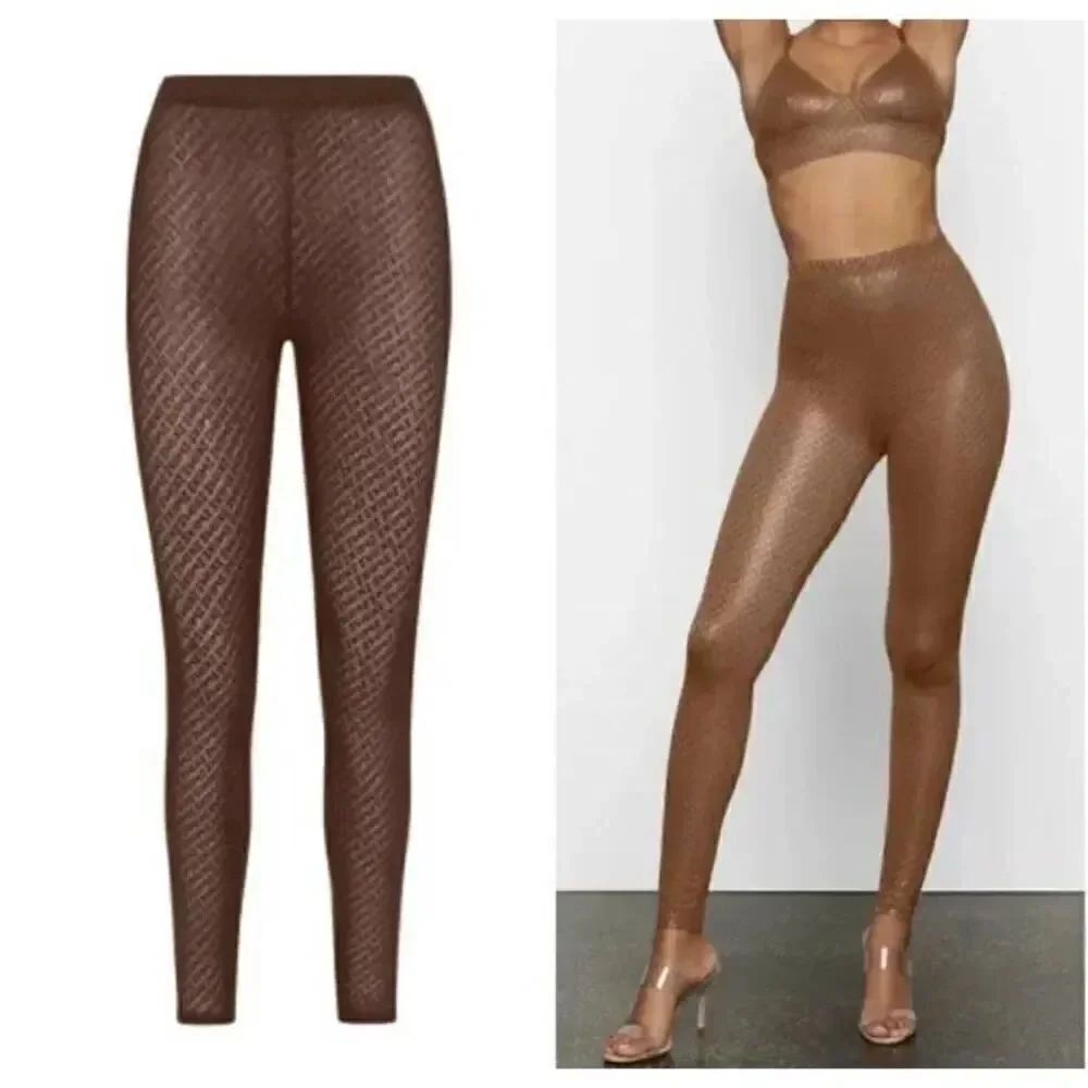 Skims by Kim Kardashian High Waisted Logo Mesh Foil Leggings Cafe Sz S NWT